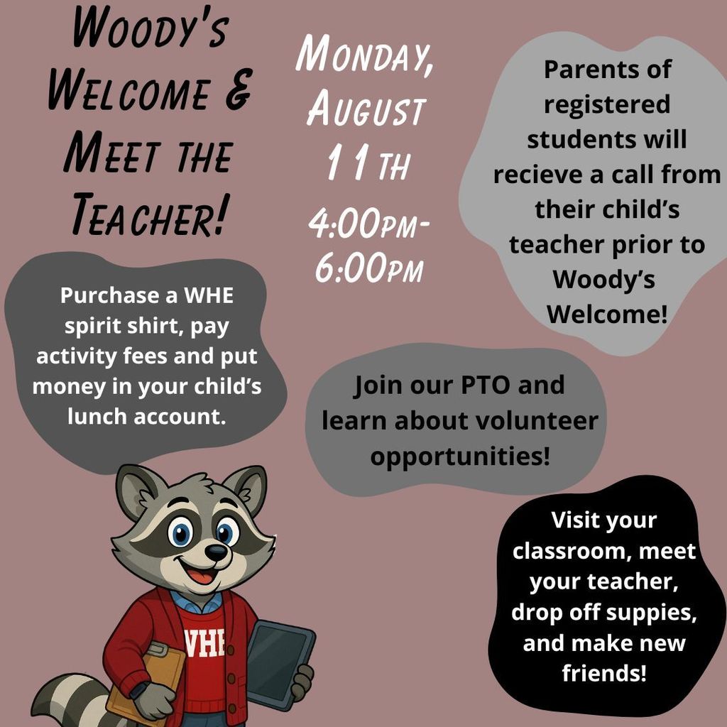 🎉 Get ready — Monday is Woody's Welcome & Meet the Teacher from 4–6 PM! 🍎✨  Come meet your child’s teacher, drop off school supplies, shop for spirit gear, and sign up for PTO! 💙 We can’t wait to kick off a fantastic year together! 📚🎒 #WoodysWelcome #MeetTheTeacher #BackToSchool #TogetherWeMakeATeam