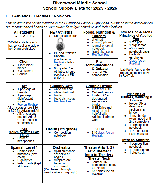 Supplies required for RMS 2025-26, bit.ly/RMSschoolsupplies