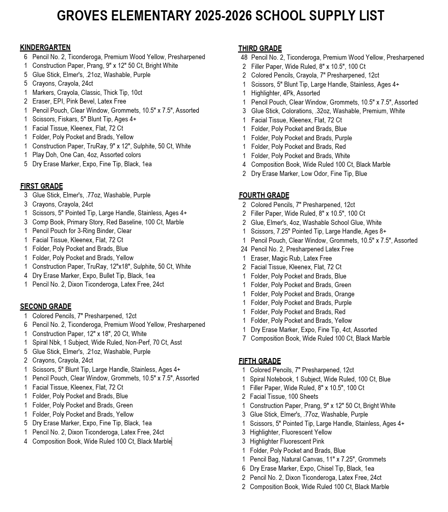 2025-2026 GE School Supply Lists