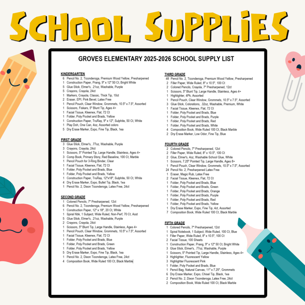 2025 School Supply Lists for Groves Elementary