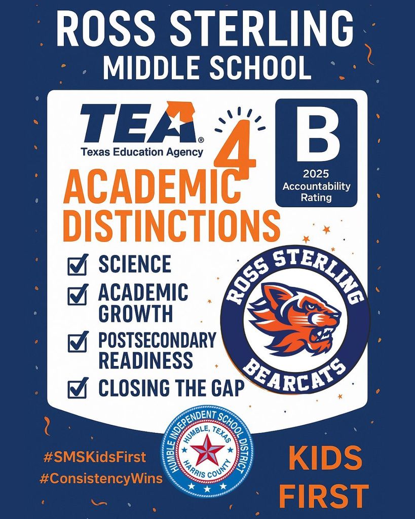 Ross Sterling Middle School is proud to announce we’ve earned a “B” Accountability Rating from the Texas Education Agency AND 4 Distinctions! This is just the beginning… we’re focused on growth and achievement, and together we’re on the path to an A! #SMSKidsFirst #ConsistencyWins