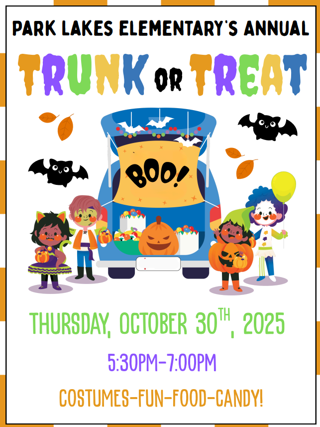 Trunk or Treat flyer, cartoon image of kids in costumes standing around a car trunk with candy.
