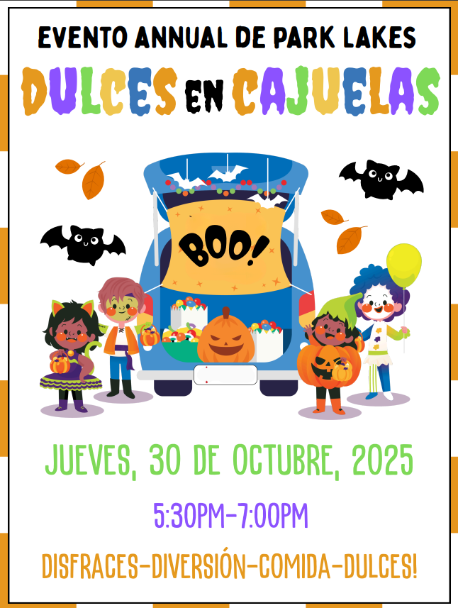 Trunk or Treat flyer in Spanish, cartoon image of kids in costumes standing around a car trunk with candy.