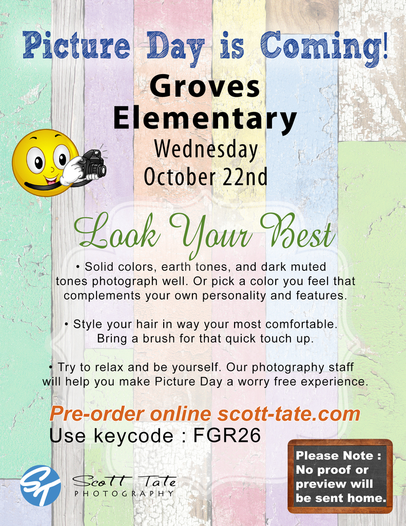 Groves Elementary Picture Day Wednesday, October 22