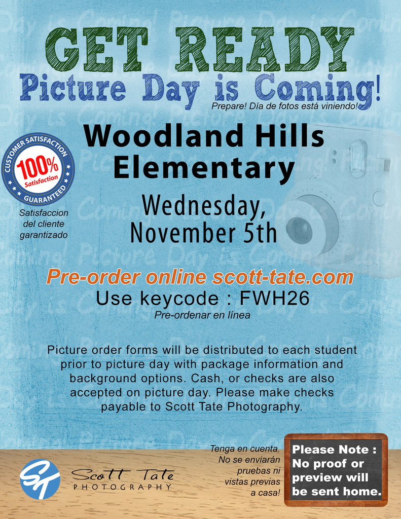 📸 Picture Day is almost here, Raccoon families! 🦝 Get those smiles ready for Wednesday, November 5th!  💻 Pre-order online at scott-tate.com  using keycode FWH26. 📝 No proofs or previews will be sent home, so be sure to order ahead to capture those picture-perfect smiles!  Let’s make this year’s photos the best yet, Woodland Hills! 💙✨  #PictureDay #RaccoonPride #SayCheese #WoodlandHillsElementary #WoodyApproved