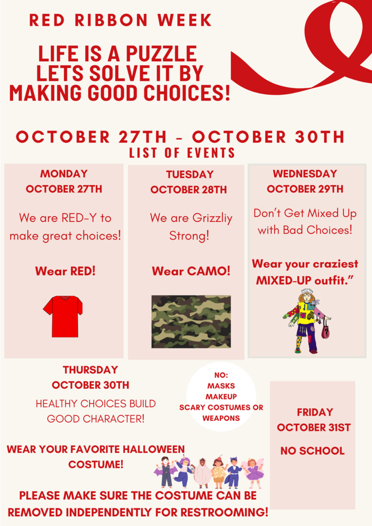 Groves Elementary Red Ribbon Week October 27-30, 2025
