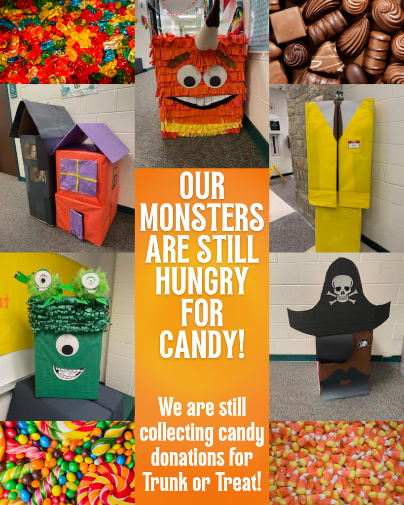 Our Monsters are still hungry for candy image of the boxes for candy donation collections that look like monsters.