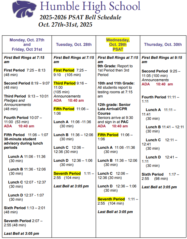 2025-2026 PSAT Bell Schedule
