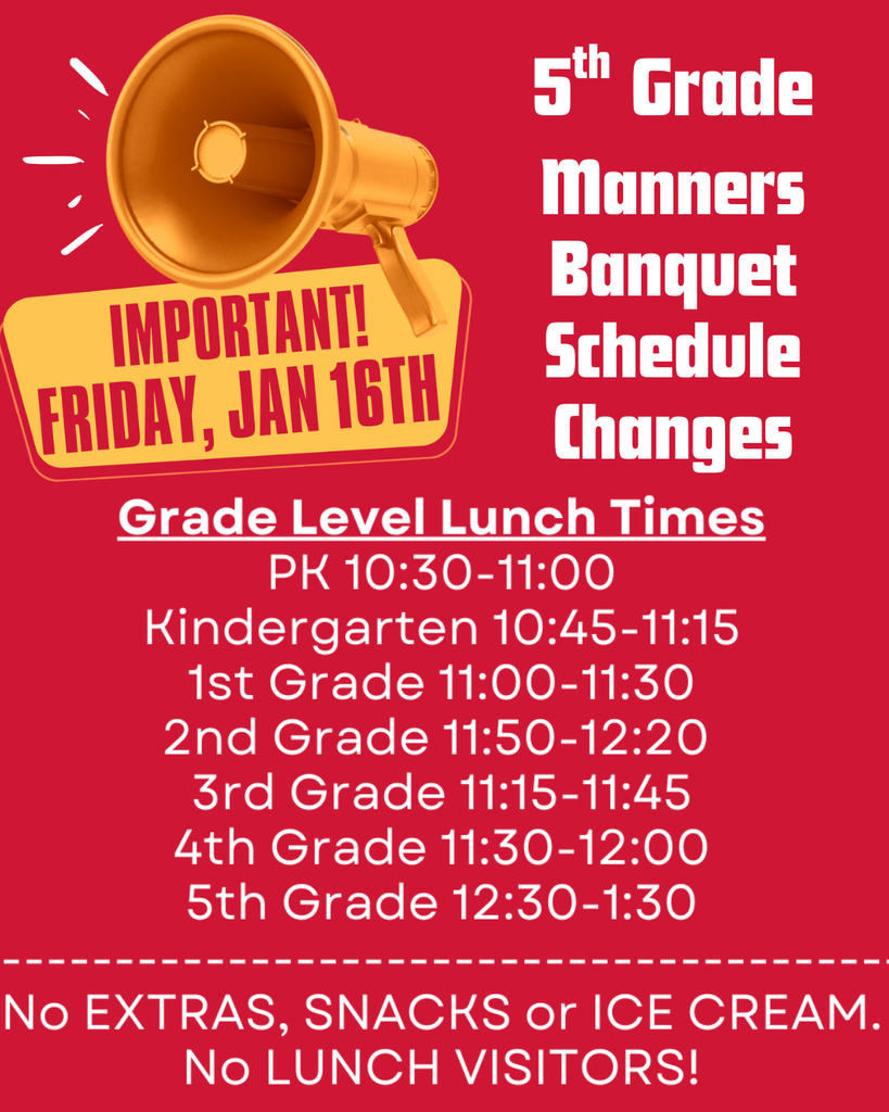 🚨 Manners Banquet Friday! ⚠️ Schedule changes in effect + no extras, snacks, ice cream, or lunch visitors. See the flyer for your student’s time! 🥳🍽️