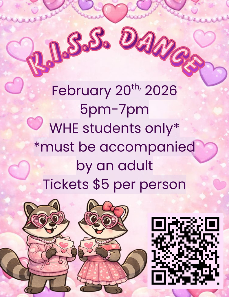 Our favorite dance partners are ready… are you? 💕🦝 🎟️ K.I.S.S. Dance tickets are on sale now! This sweet night of fun is for WHE students (with an adult) 💃🕺 📅 February 20th | ⏰ 5–7 PM 🎟️ $5 per person 👉 Scan the QR code to grab your tickets!