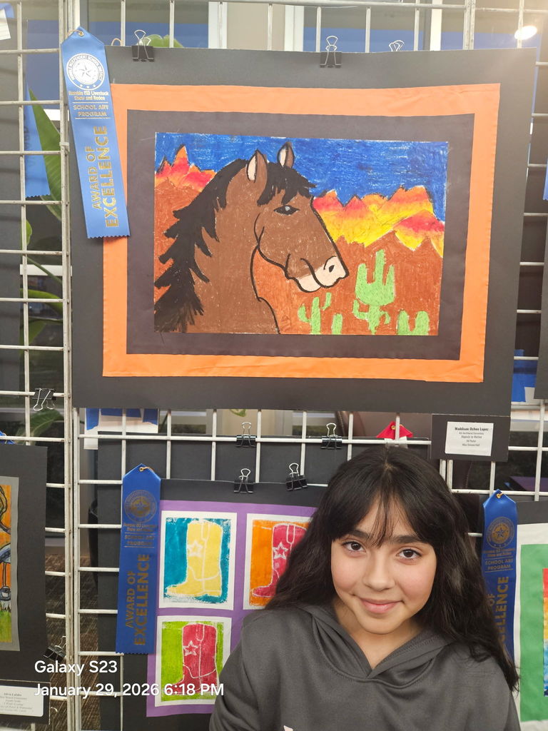 Maddison at the Humble ISD Rodeo Art Show: Award of Excellence "Majesty in Motion" oil pastel.
