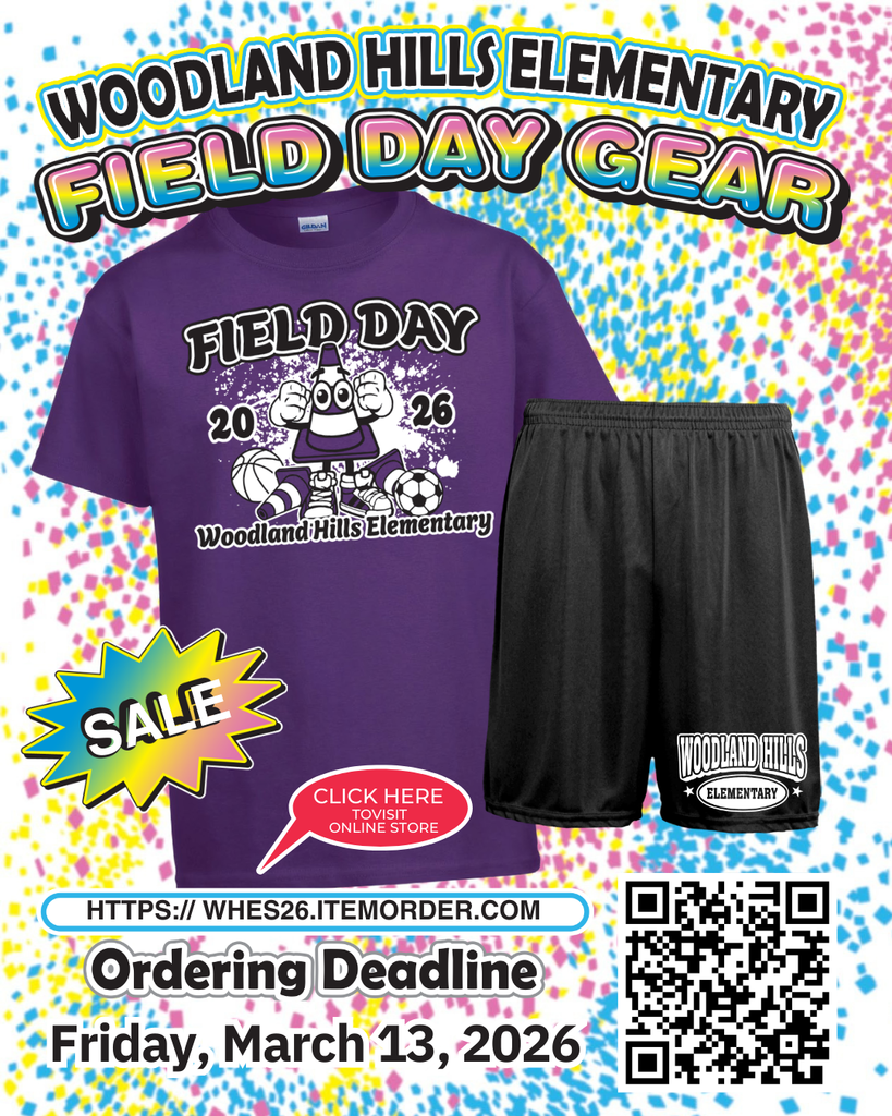 🎉 FIELD DAY GEAR IS LIVE! 🎉 It’s time to grab your official Woodland Hills Elementary Field Day 2026 shirt and shorts! 💜🖤 Don’t wait — the online store closes Friday, March 13, 2026! 🛍️ Order here: https://whes26.itemorder.com Let’s show up, show out, and make this the BEST Field Day yet! 🙌 #WoodlandHillsElementary #FieldDay2026 #WHEPride #FieldDayGear