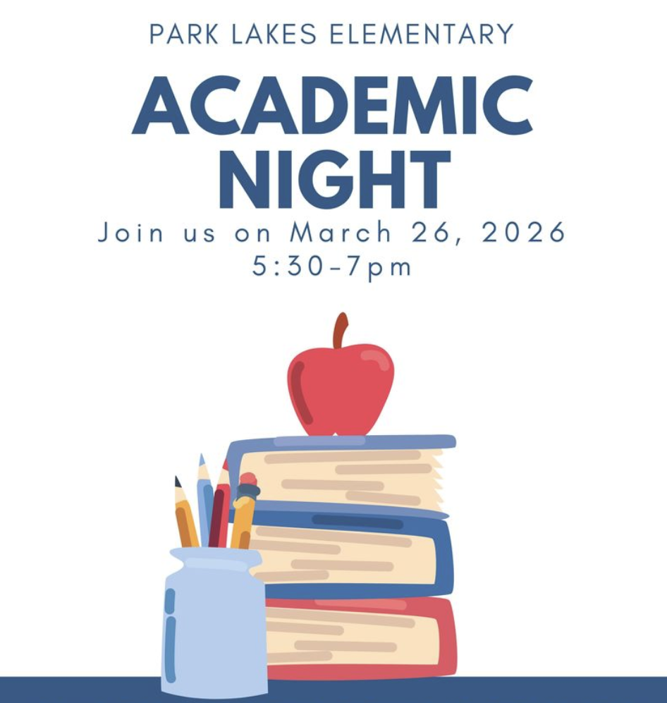 Academic Night image with a stack of books, apple, and jar of writing utensils. 