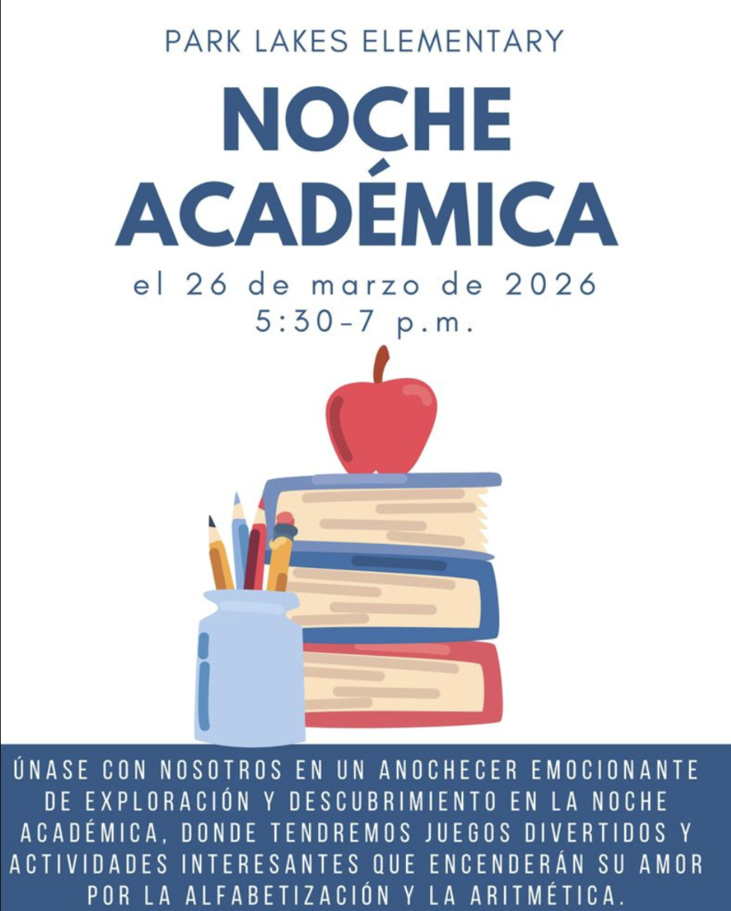 Academic Night image with a stack of books, apple, and jar of writing utensils. In Spanish