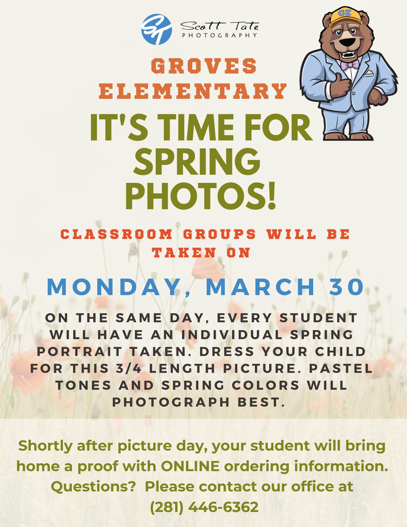 Scott Tate flyer for Groves Elementary Spring Photos on Monday, March 30