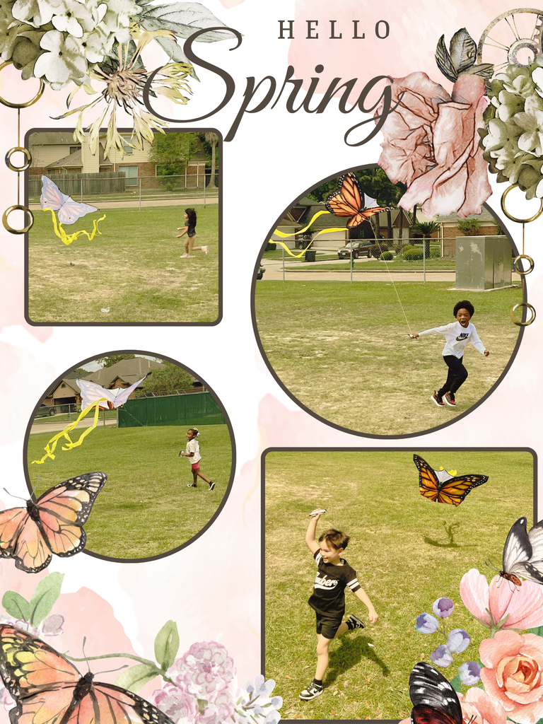 Kindergarten students running with a kite while learning about wind