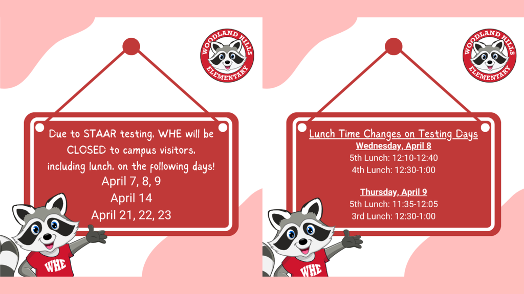 Due to STAAR testing, our campus will be closed to visitors (including lunch) on the following dates:  📅 April 7, 8, 9 📅 April 14 📅 April 21, 22, 23  🍽️ Please also note lunch schedule changes:  Wednesday, April 8 5th Grade: 12:10–12:40 4th Grade: 12:30–1:00  Thursday, April 9 5th Grade: 11:35–12:05 3rd Grade: 12:30–1:00  Thank you for your support as our students do their best during testing! 💪✨