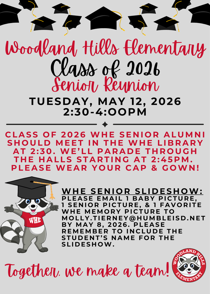🎓🦝 WHE Class of 2026 Alumni—we’re celebrating YOU!  Join us for our Senior Reunion: 📅 May 12 | ⏰ 2:30–4:00 PM 📍 WHE Library  Walk the halls one more time & parade at 2:45! Don’t forget your cap & gown 🎓  📸 Submit photos for the slideshow by May 8! Once a raccoon, always a raccoon 🐾