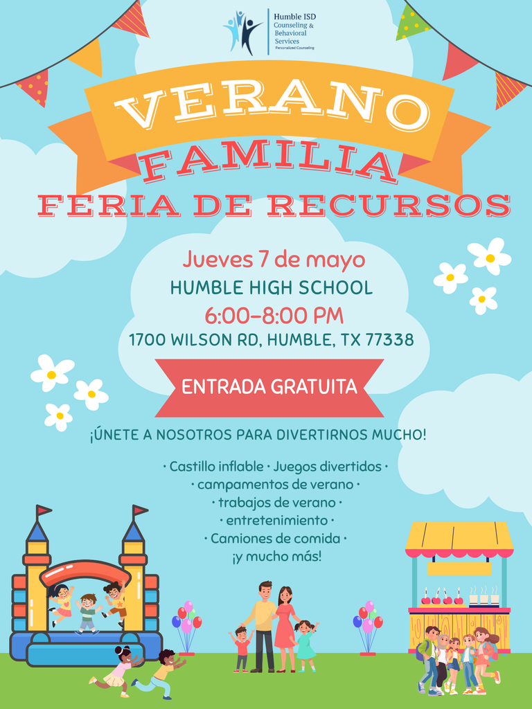 Get ready for summer! Join us May 7 (6–8 PM) at Humble High School for our Summer Family Resource Fair. Discover camps, programs, and opportunities for all ages. This event is free and open to all.  #HumbleISD_CBS 