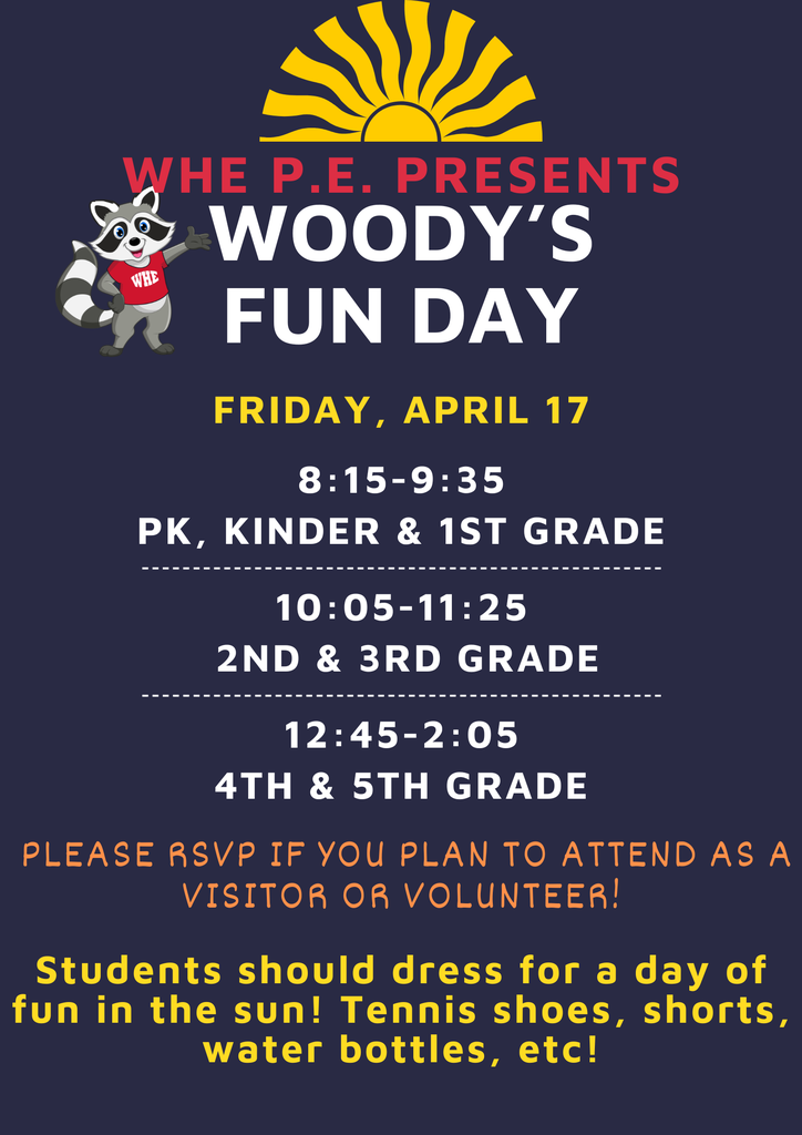 🚨 TOMORROW! 🚨 Woody’s Fun Day is almost here! ☀️🎉  Don’t forget: 👟💧😎 Check the flyers for schedule + lunch changes!  Let’s have some FUN! 🦝💛 #WHEWoodysFunDay