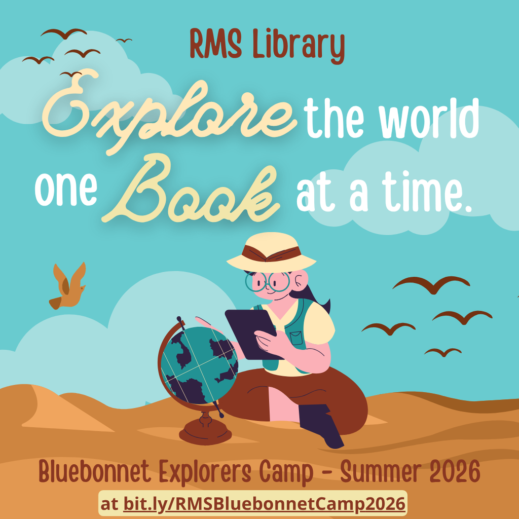 Incoming 4th–6th graders—join us this summer for 3 days of books, STEAM fun, and creativity at the Riverwood MS Library Bluebonnet Explorers Camp!  🗓 July 21–23, 2026 ⏰ 9 AM–12 PM | 📍 RMS Library 💲 $80 | ⚠️ Limited spots  👉 Register now: bit.ly/RMSBluebonnetCamp2026