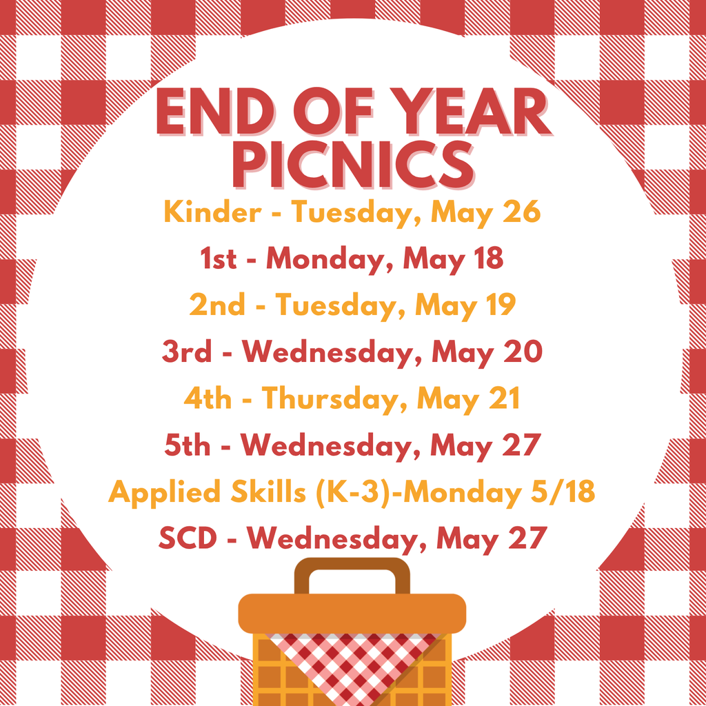2026 End of Year Picnic dates sorted by grade level