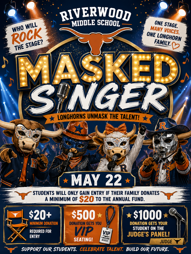 Riverwood Middle School’s Masked Singer is almost here! 🎤🐂✨  On May 22, our teachers are going undercover—can you guess who’s behind the mask? 👀🎭  A $20+ donation to the RMS Annual Fund scores your child a ticket to the show (donate by May 20!).  Get a sneak peek at the mystery singers: bit.ly/RMSmaskedsinger  Ready to join the fun? 👉 Donate here: bit.ly/annualfundRMS