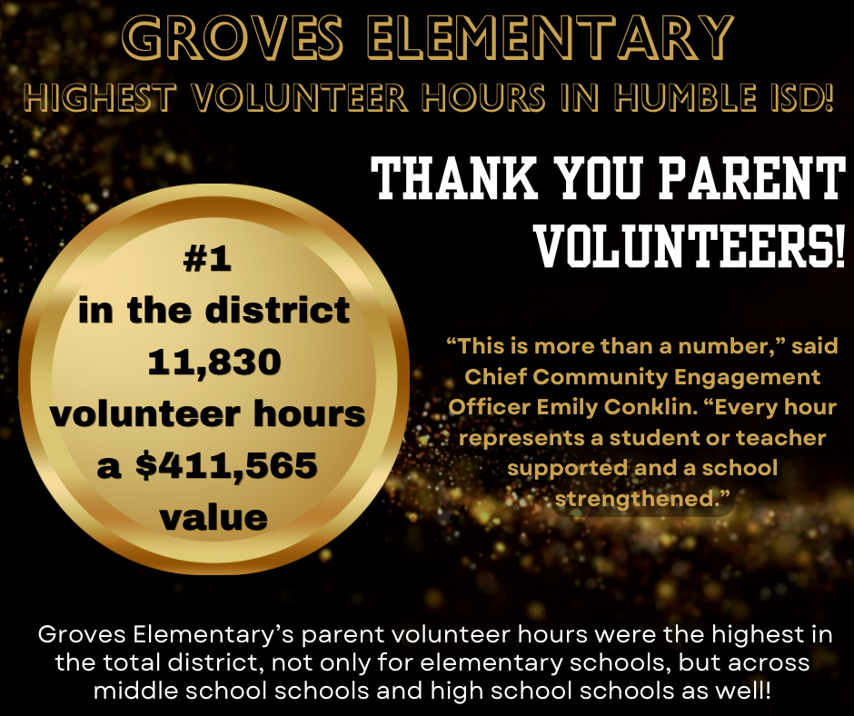 Groves Elementary is Humble ISD's 2025-2026bVolunteers of the Year. 11,830 volunteer hours.