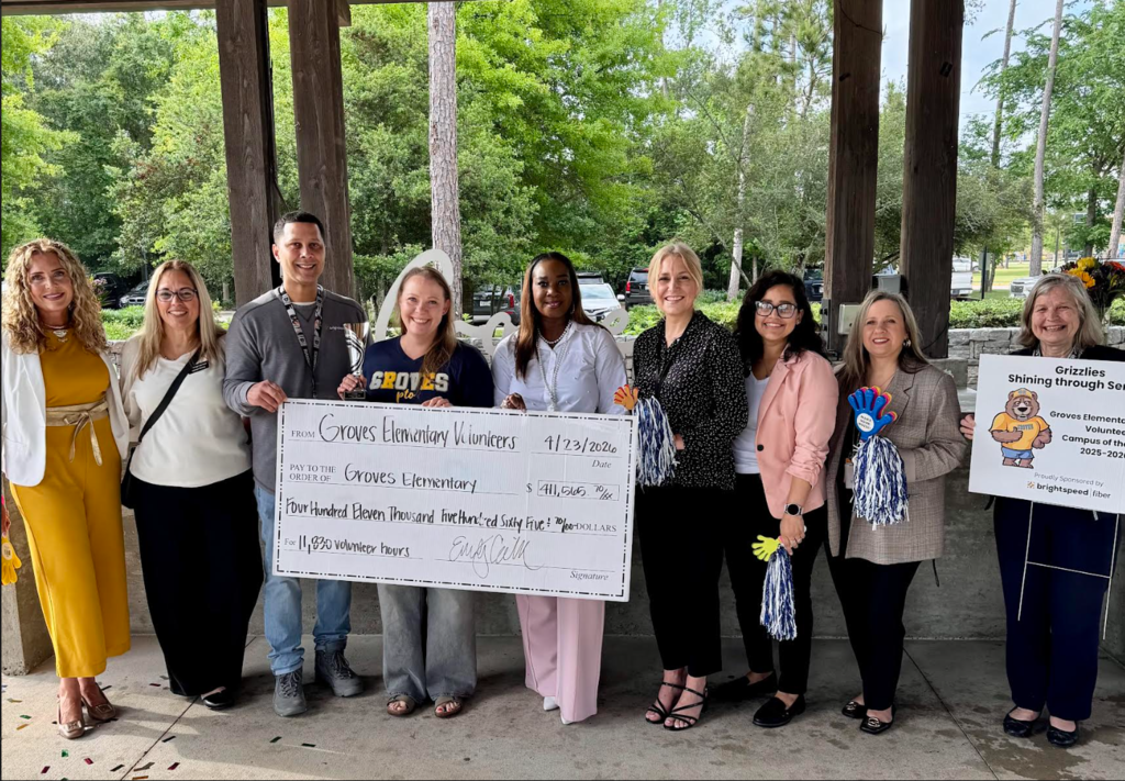 Groves Elementary Volunteers donated over eleven thousand hours of their time. This has an estimated value of over $411,000. This contribution earned them the title of Humble ISD's 2025-2026 Volunteers of the Year!