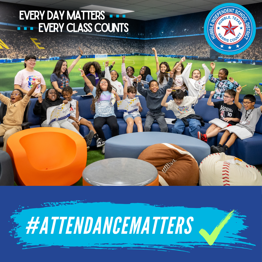 Attendance Matters campaign graphic with students cheering in a sports-themed flex room