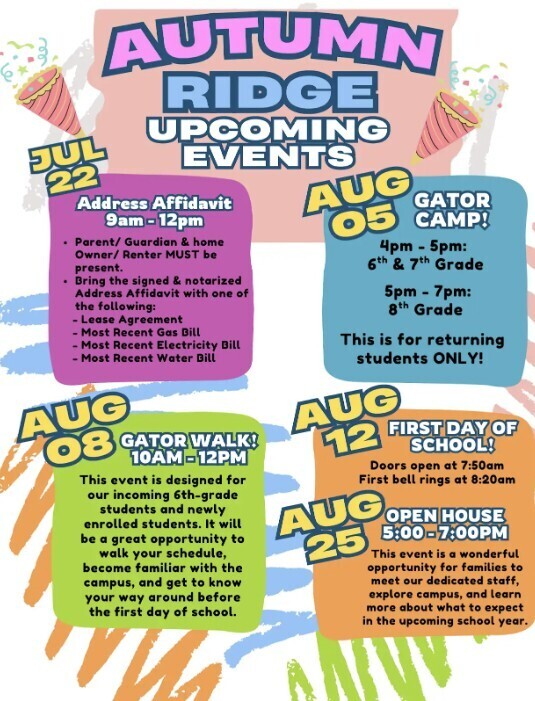ARMS Upcoming Back to School Events 2026-2027