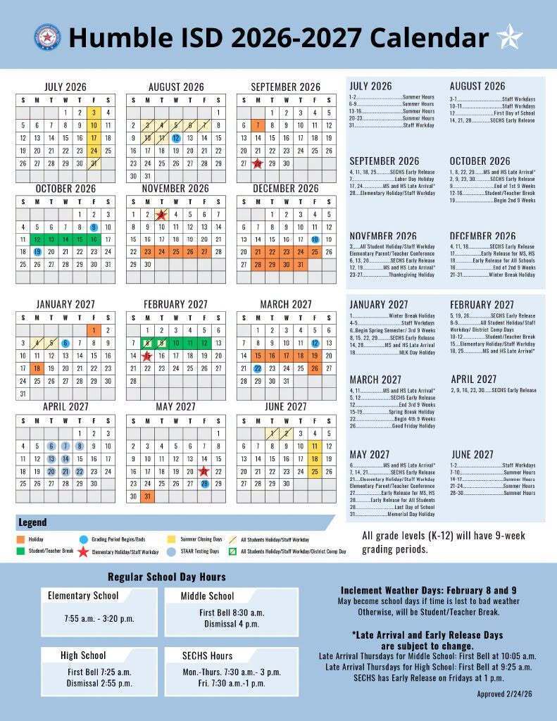 Humble ISD Academic Calendar: https://www.humbleisd.net/o/humbleisd/page/academic-calendar