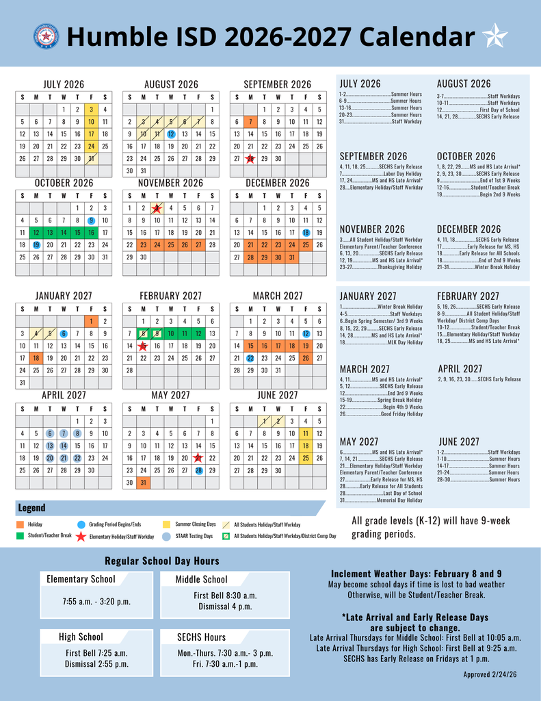2026 Humble ISD Calendar