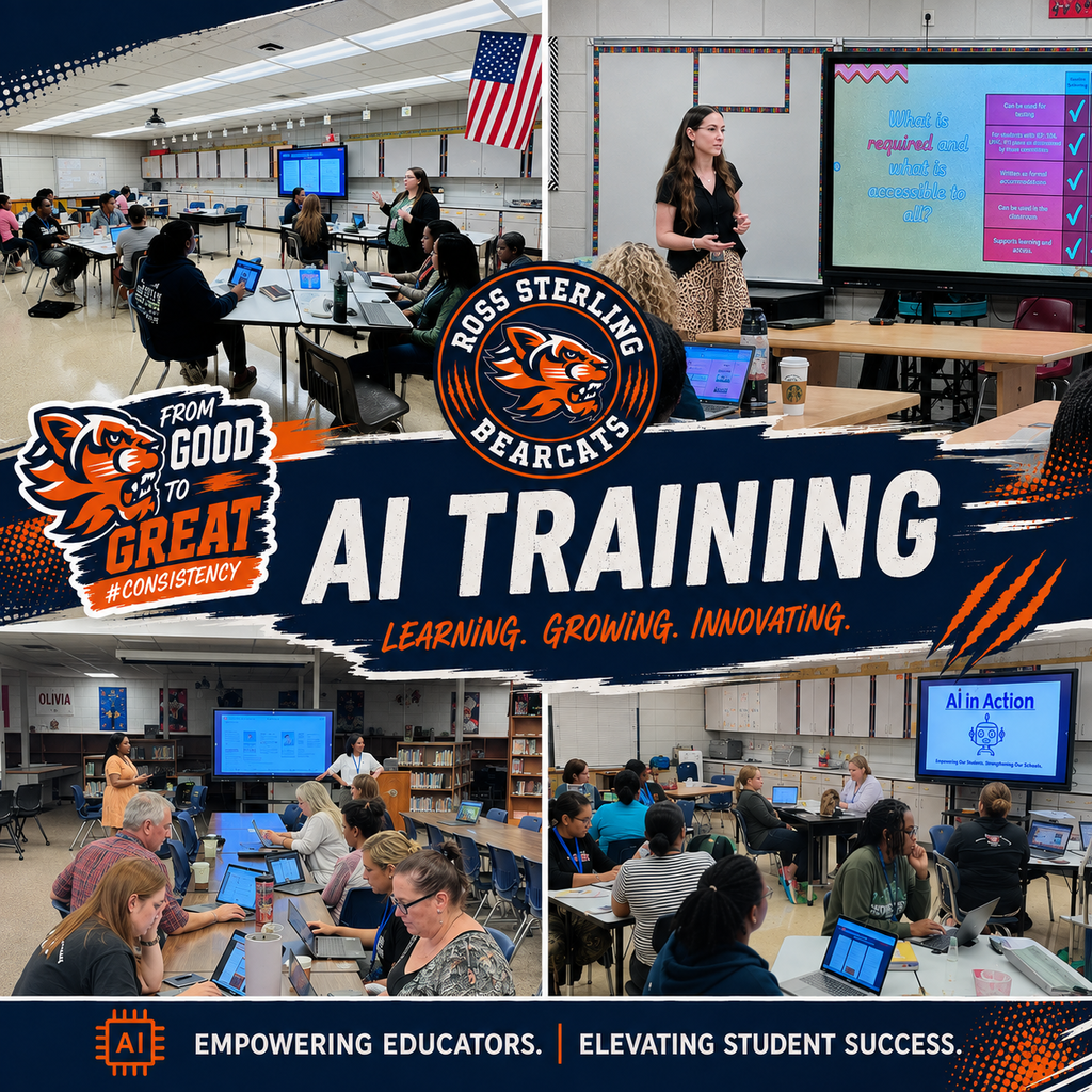 Ross Sterling Middle School AI Training featuring educators participating in collaborative professional learning sessions focused on using artificial intelligence in education. The graphic highlights the message, “Learning. Growing. Innovating.” and “Empowering Educators. Elevating Student Success.”