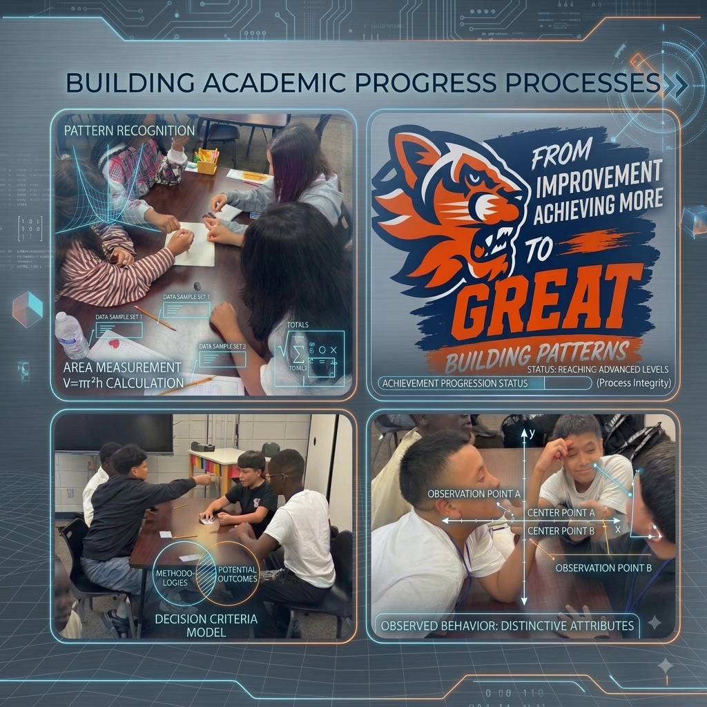 Ross Sterling Middle School graphic titled “Building Academic Progress Processes” featuring students collaborating in classroom activities. Four panels show students working together on academic tasks, problem-solving, and discussions, alongside the Bearcat mascot and the message “From Improvement, Achieving More, to Great—Building Patterns.” Decorative data, measurement, observation, and decision-making graphics emphasize academic growth and learning processes.
