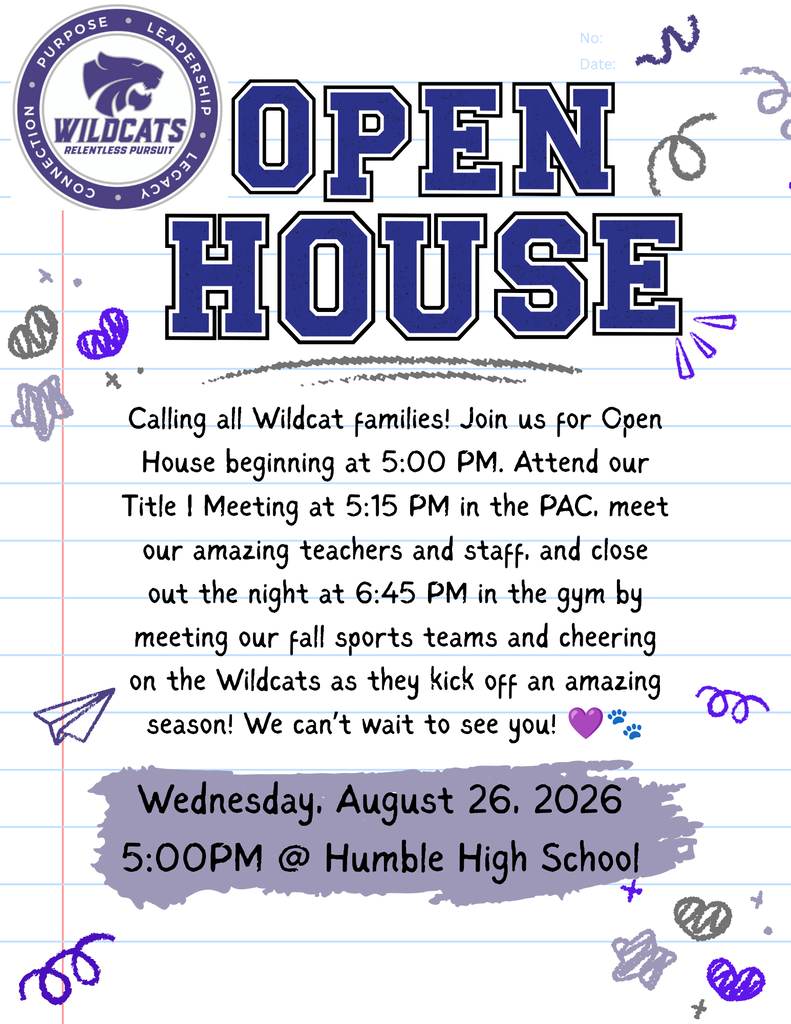 Humble High School Open House on August 26 at 5:00 PM, featuring a Title I Meeting, teacher meet-and-greet, and fall sports celebration.