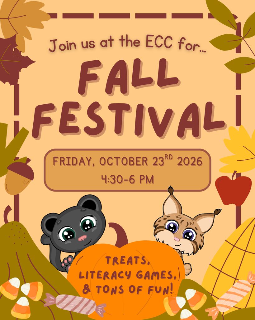 Fall Festival English flyer. Join us at the ECC on October 23rd 2026 from 4:30-6 PM for treats, literacy games, and tons of fun!