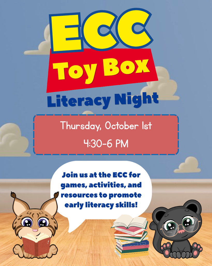 ECC Toy Box Literacy Night English flyer. Join us at the ECC on Thursday, October 1st from 4:30-6 PM for literacy games, activities, and resources to promote early literacy skills!