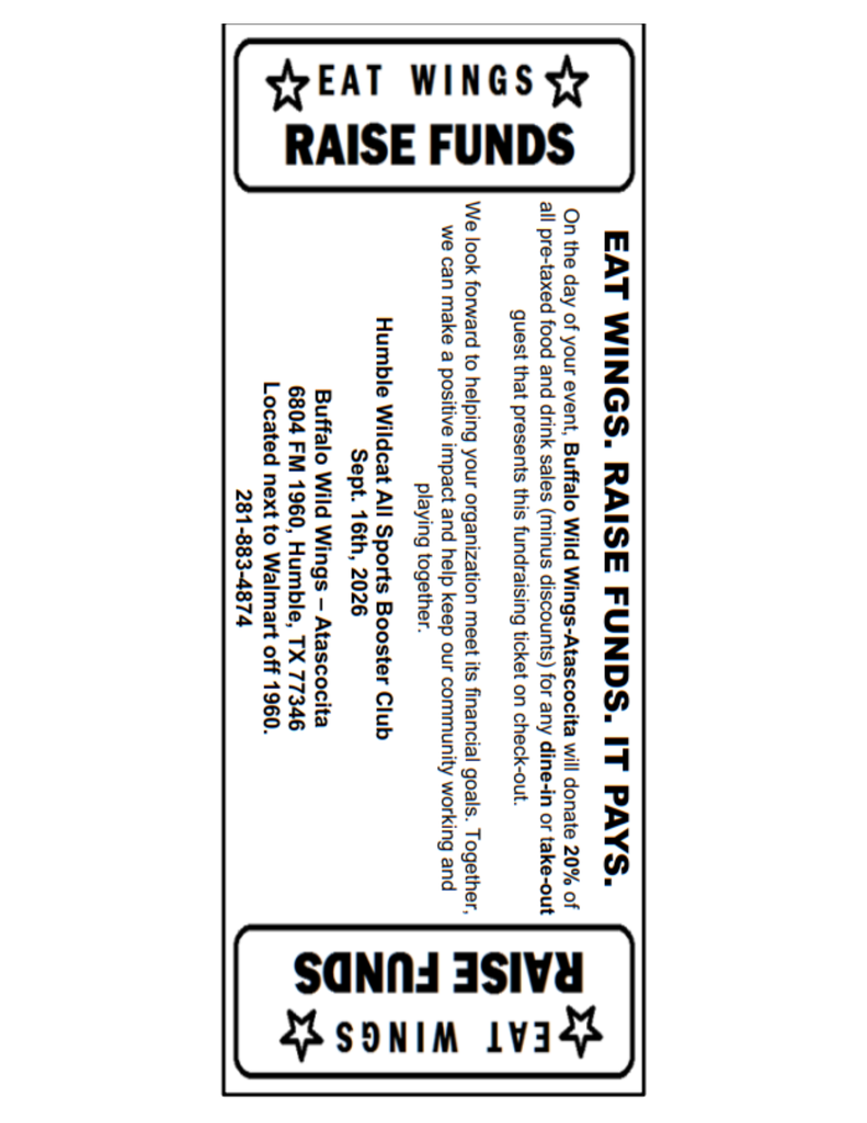 Buffalo Wild Wings fundraiser ticket benefiting the Humble Wildcat All Sports Booster Club on September 16, 2026, at the Atascocita location. Present the ticket when ordering, and 20% of qualifying food and drink purchases will be donated.