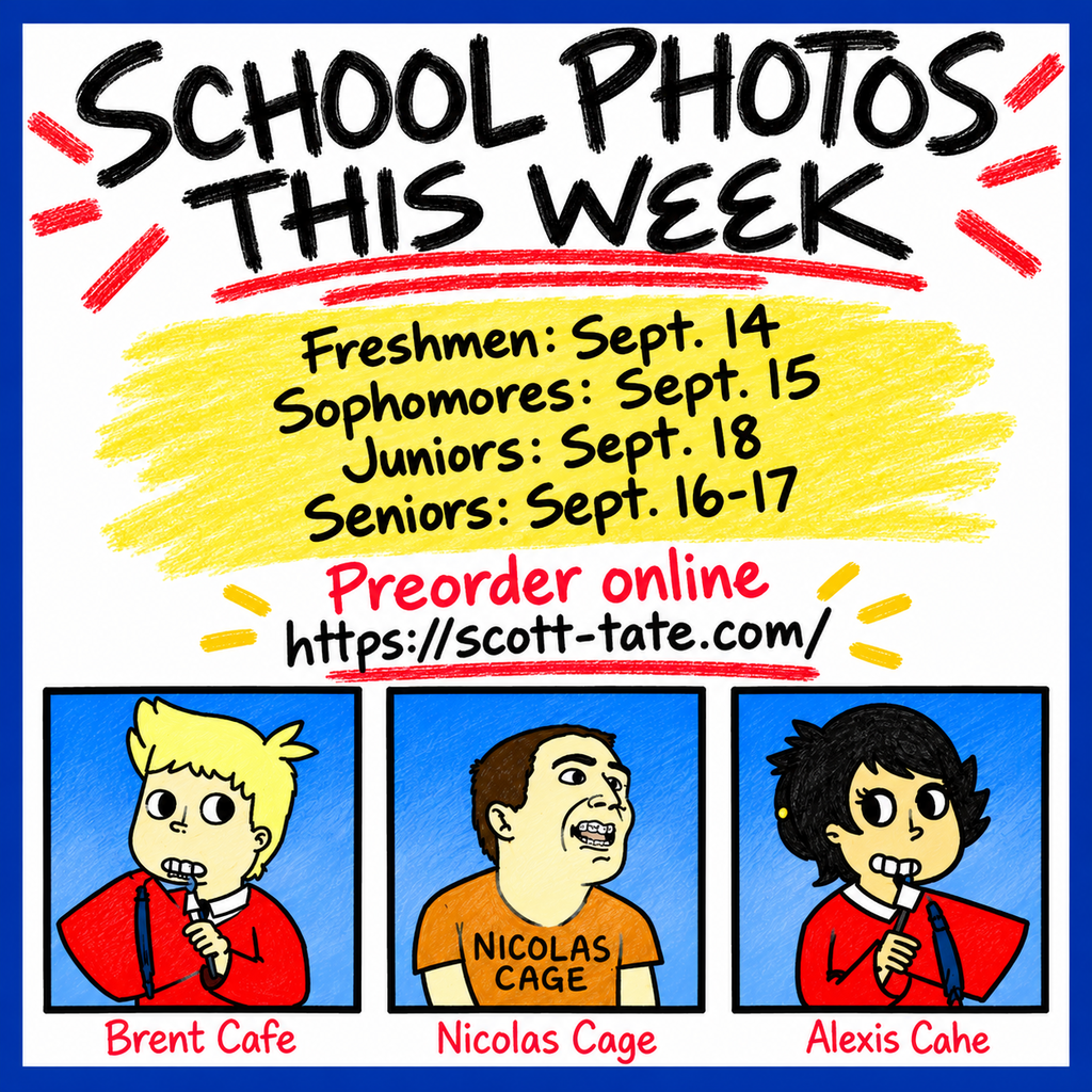 School photos will start tomorrow, Monday, Sept. 14: β’ Freshmen: Sept. 14 β’ Sophomores: Sept. 15 β’ Juniors: Sept. 18 β’ Seniors: Sept. 16-17 All students will have their photos taken during English class in the Gold LGI. For students who do not have an English class, you may go any time on your grade level's day. For detailed information, see the email sent today or contact Mrs. Klosterboer in Room 1717.