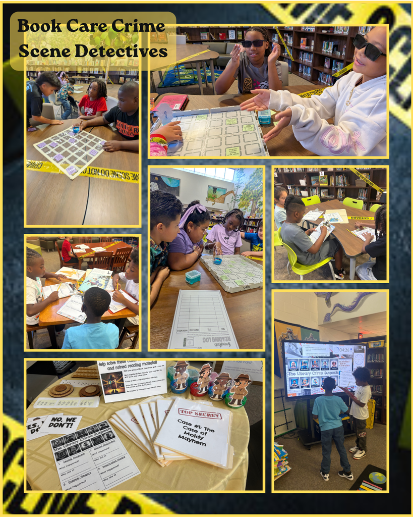 A collage titled “Book Care Crime Scene Detectives” shows elementary students working in teams around the school library. Students examine clues, complete detective-themed activities, use a coding robot and interactive display, and investigate pretend book care “crimes” to learn how to care for library books.