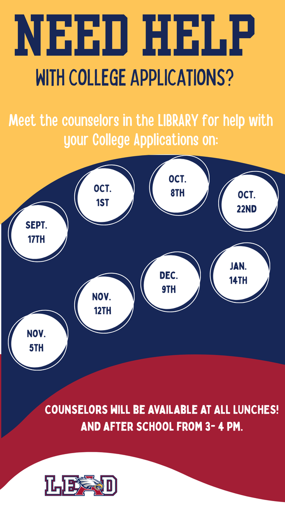 π Calling all seniors! Don't miss out on our upcoming college application workshops on Sept 17th, Oct. 1st, 8th, 22nd, November 5th, and 12th, Dec. 9th, and Jan 14th. during all lunches and afterschool from 3 pm-4 pm in the AHS Library. Get expert help, valuable advice, and conquer your college applications with confidence. We can't wait to see you there! #GoBeyond #Classof2027 #LEAD