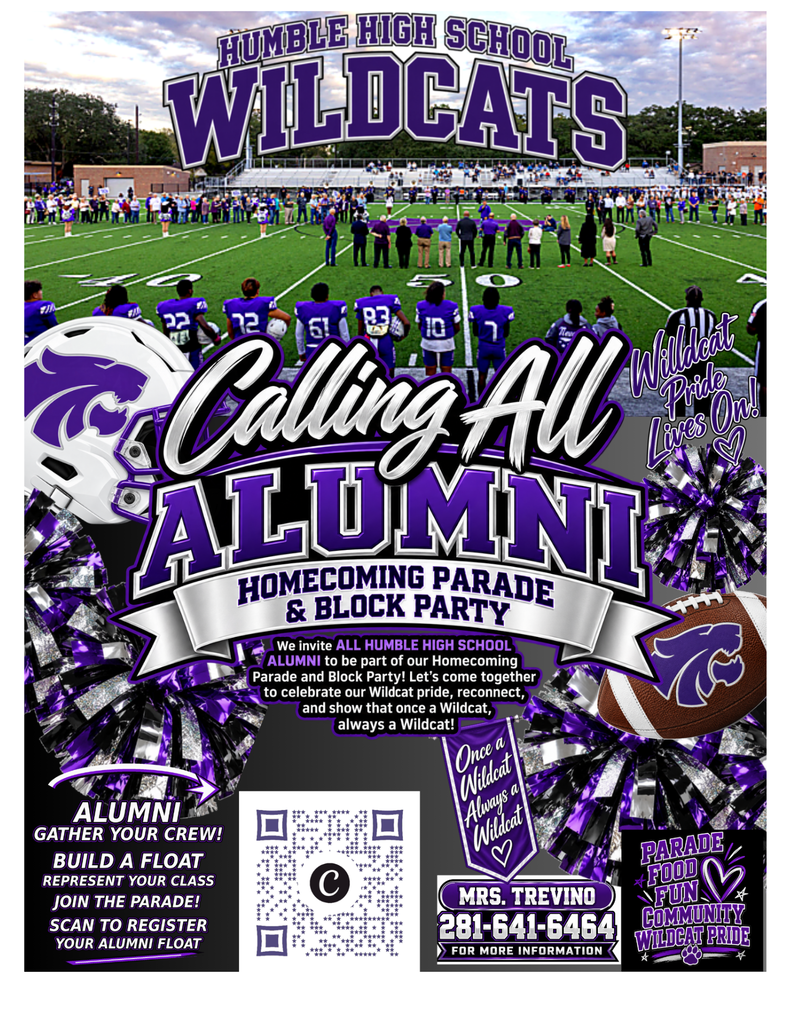 HHS Alumni Homecoming Parade & Block Party flyer with QR code to register.