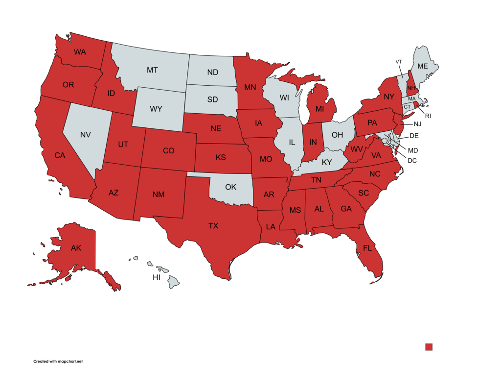 US map filled in with the states that have donated to booster