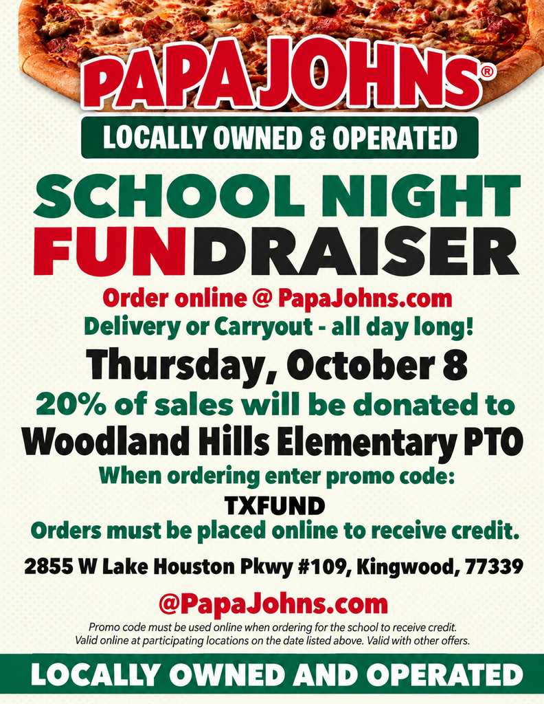 π Take dinner off your to-do list next Thursday! Order Papa Johns online for delivery or carryout on **October 8**, enter promo code **TXFUND**, and **20% of your purchase will be donated to the WHE PTO!** β€οΈπ Rememberβorders must be placed online for our school to receive credit!