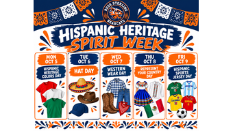 Colorful Hispanic Heritage Spirit Week poster for October 5–9. Monday: wear a red, white, or green shirt. Tuesday: Hat Day—wear a sombrero, hat, or cap. Wednesday: Western Wear Day. Thursday: Represent Your Country Day. Friday: Jersey Day.