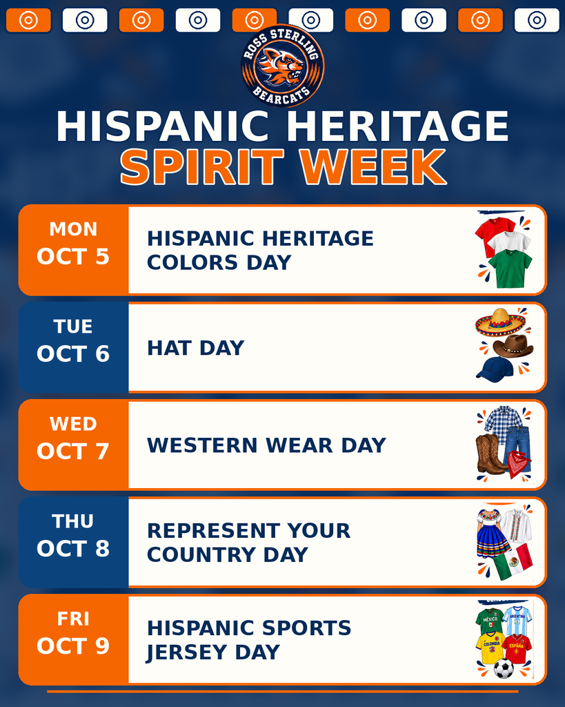 Colorful Hispanic Heritage Spirit Week poster for October 5–9. Monday: wear a red, white, or green shirt. Tuesday: Hat Day—wear a sombrero, hat, or cap. Wednesday: Western Wear Day. Thursday: Represent Your Country Day. Friday: Jersey Day.