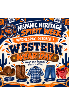 Ross Sterling Middle School Hispanic Heritage Spirit Week flyer for Western Wear Day, Wednesday, October 7. Students are encouraged to wear Western attire, including cowboy hats, boots, Western shirts, jeans, and bandanas.