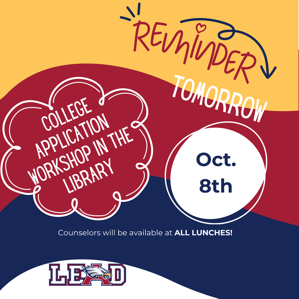 Calling all seniors! Don't miss out on our upcoming college application workshops on Sept 17th, Oct. 1st, 8th, 22nd, November 5th, and 12th, Dec. 9th, and Jan 14th. during all lunches and afterschool from 3 pm-4 pm in the AHS Library. Get expert help, valuable advice, and conquer your college applications with confidence. We can't wait to see you there!