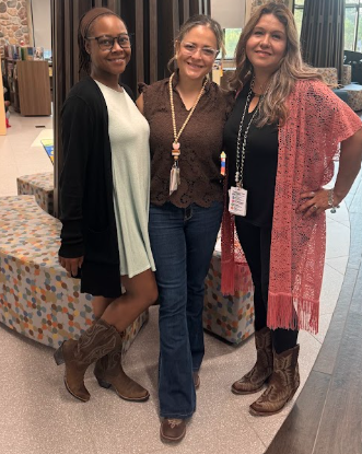 Ms. Gray, Ms. Moretti and Ms. Grimaldo showing off their boots on Boots & Ribbon Day!
